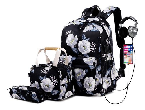 Conjunto Feminino Mochila Com Usb + Bolsa Térmica + Estojo