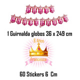 Set Guirnalda Globos + 60 Stickers 6 Cm Princess Con Nombre