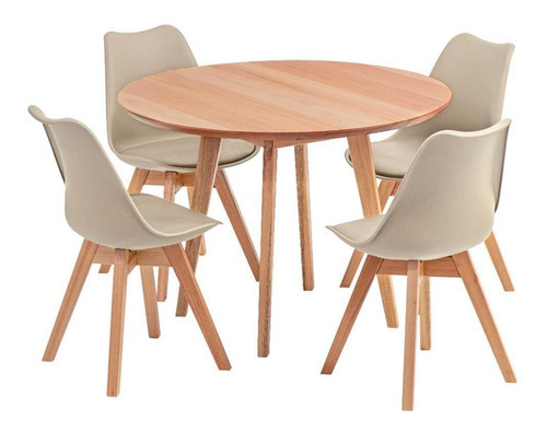 Mesa Jantar Redonda Vértice 105cm Natural + 4 Cadeiras Leda Cor Nude