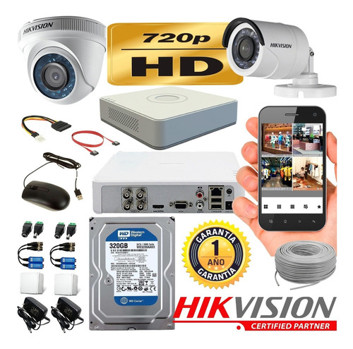 Cctv Hikvision Kit Dvr 4c + 2 Cám + Disco Duro + Accesorios