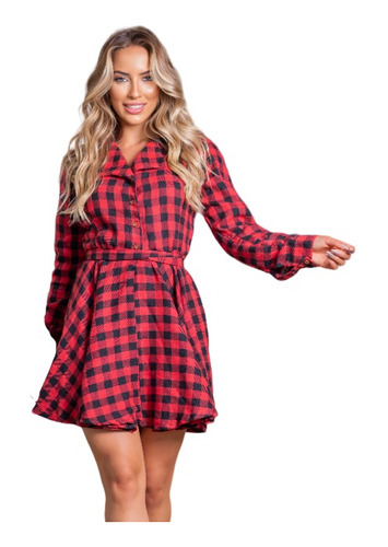 Vestido Feminino Manga Longa Sobretudo Inverno Camisa Xadrez