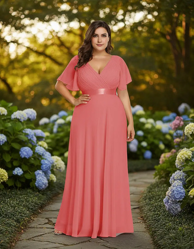 Vestido Elegante Coral Rosa Oscuro Largo Fiesta Talla Extra