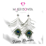 Arete De Plata .925 Con Pluma De Pavo Real  Artesanal 