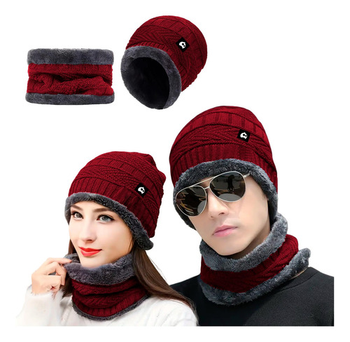 Gorro Bufanda Conjunto Para Frio Invierno Unisex Tejido Lana Color Rojo Diseño De La Tela Liso