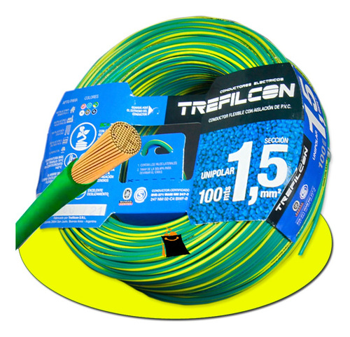 Cable Electrico Unipolar 1x1,5mm Trefilcon 100m Verde Tierra