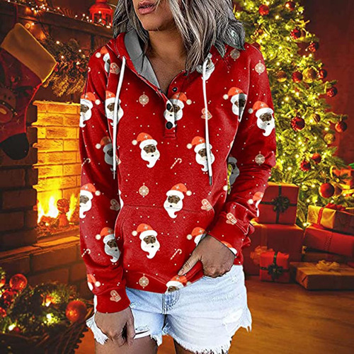 Camiseta H076 Blusa Con Capucha Y Estampado Navideño Camiseta H076 Blusa Con Capucha Y Estampado Navideño