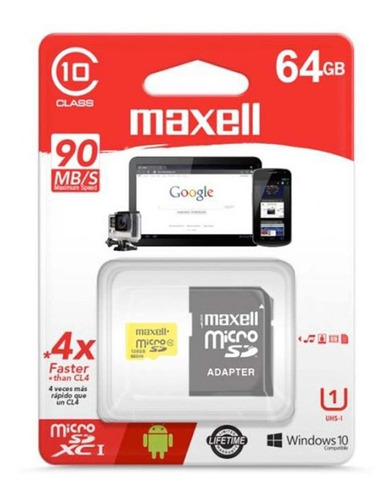 Tarjeta De Memoria Microsd 64gb Maxell Sdxc Clase 10  + Adaptador Uhs-1 90mb/s Multiples Usos