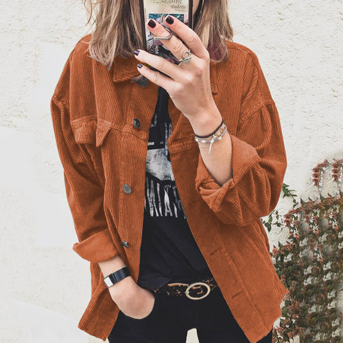 Camisa Casual De Terciopelo Cotelê Con Un Botón Para Mujer