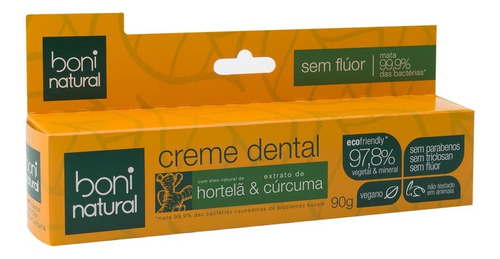 Pasta De Dentes Boni Natural Hortelã E Cúrcuma  Em Creme  Sem Glúten 90 G