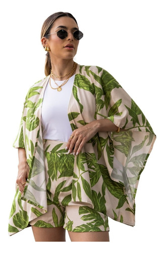 Conjunto Verão Kimono E Short 100% Viscose P Ao Gg