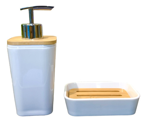 Kit De Baño Set Dispenser + Jabonera Plástico Y Bambú