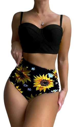 Bikini Girasoles Sostén Crop Con Copa