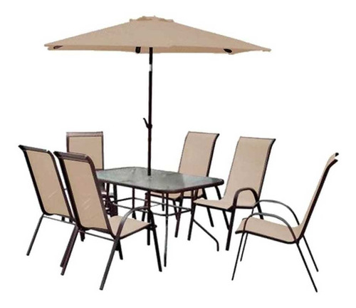 Juego De Comedor Para Exterior. Mesa C/6 Sillas Y Sombrilla