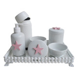Kit Higiene Bebê Rosa Porcelana Bandeja Perola Termica Pote 