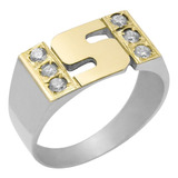 Anillo Sello Con 1 Inicial Plata 925 Y Oro 18k Piedras Cubic