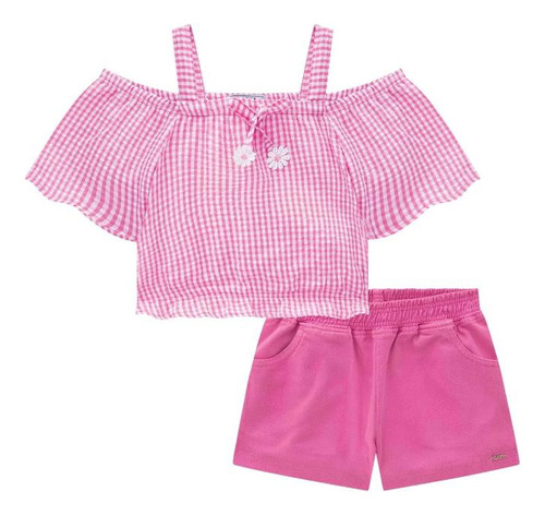 Conjunto Infantil Bata Laço Estampa Vichy Short Em Sarja