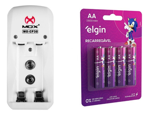 Carregador De Pilhas + 4 Pilhas Aa Recarreg 2700 Mah Elgin