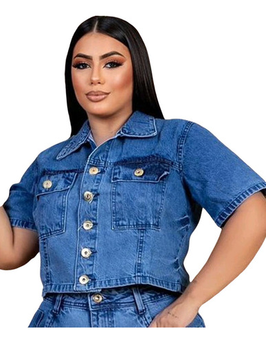 Blusa Cropped Camisa Plus Size Jeans Feminina Sarja Curta 