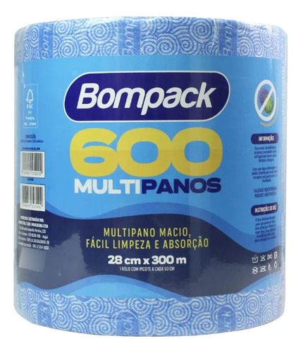 Rolo Pano Multiuso Azul Bompack 600 Panos 28x50cm