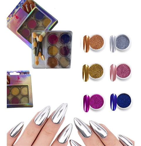 Kit De Polvo Efecto Espejo Empaque 6 Piezas Para Uñas(3 Kit)