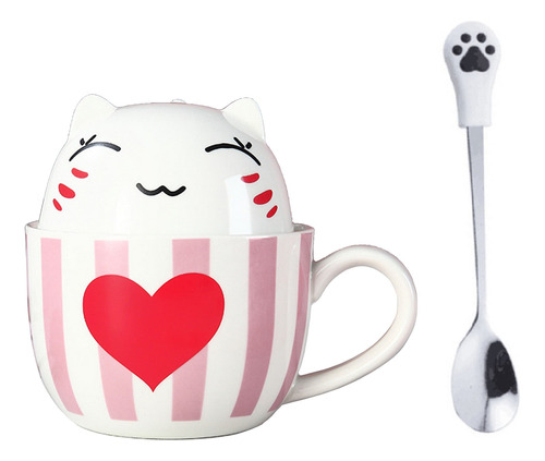 Taza Doble Y Cuchara Gato Gatito Corazón Kawaii Regalos