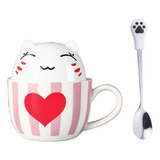 Taza Doble Y Cuchara Gato Gatito Corazón Kawaii Regalos