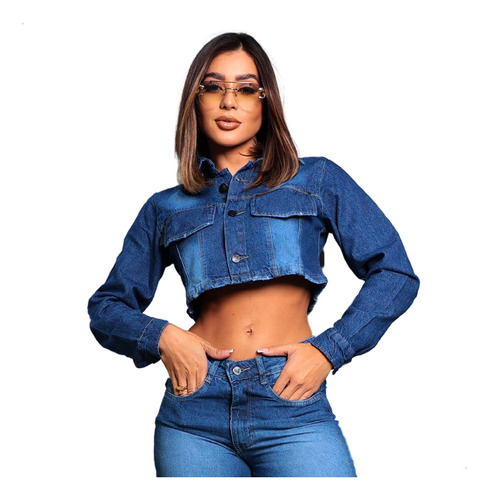 Jaqueta Jeans Feminina Curta Cropped Detalhe Bordado Premium