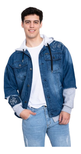 Campera Jean Hombre Combinada Con Capucha Moda Casual S-3xl