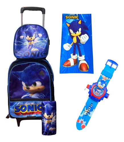 Kit Mochila Sonic Infantil Juvenil Escolar Rodinhas Aulas