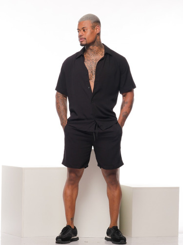 Conjunto Masculino Liso Camisa E Shorts Branco E Preto