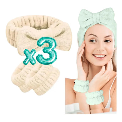 Kit Diadema Y Muñequeras Skincare Maquillaje Mascarilla Spa Color Beige | MercadoLibre