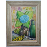 Quadro Pintura A Oleo Vaso De Flores Frutas Moldura Larga