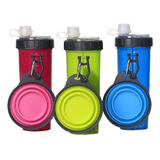 Botella Para Agua Y Alimento + Plato Plegable Paseo Mascotas Color Rosado