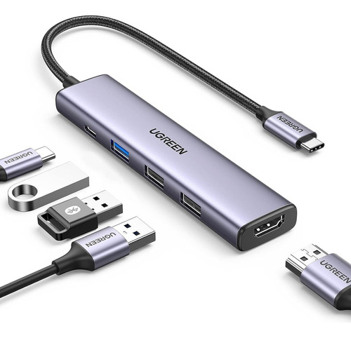 Adaptador Hub Usb-c 5 En 1 Ugreen Multipuerto Aluminio Usb 3.0 Hdmi 4k@30hz Pd 100w