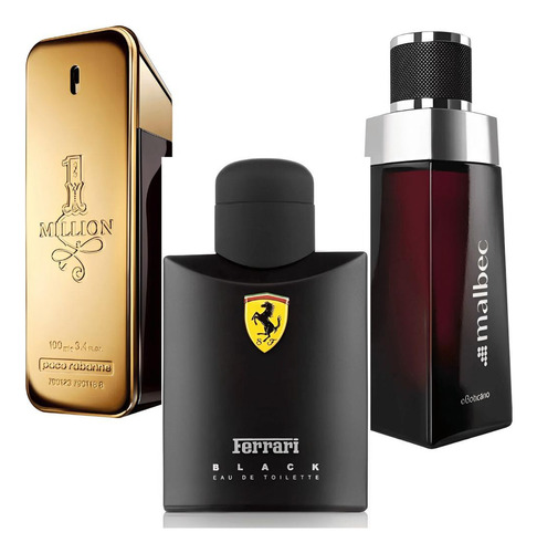 Kit 3 Perfumes Masculino Intenso Tradicional One Million, Ferrari Black E Malbec 100ml