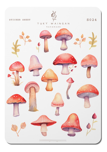 Hoja De 20 Stickers Mushrooms Vintage Bullet Bujo, Scrapbook