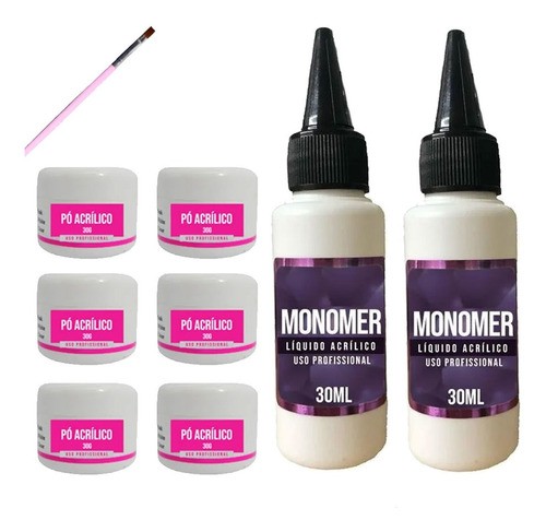 Kit Unha 06 Pó + 02 Monomer Líquido Acrílico + Pincel