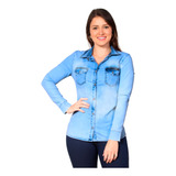 Camisa Jeans Feminina Blusa Social Alongada Acinturada Lycra