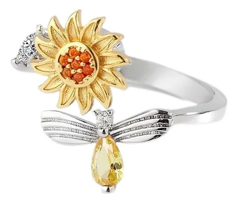 Anillo Giratorio Antiestrés Ajustable, Con Girasol Y Abeja 