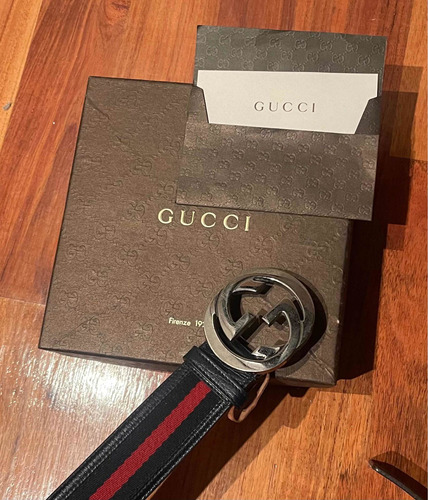 Cinturón Gucci Piel Azul Con Rojo Hebilla Plateada