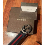 Cinturón Gucci Piel Azul Con Rojo Hebilla Plateada