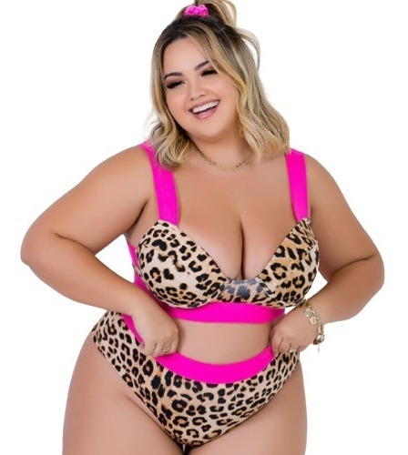 Biquini Pluz Size Animal Print Onça Com Rosa Pronta Entrega