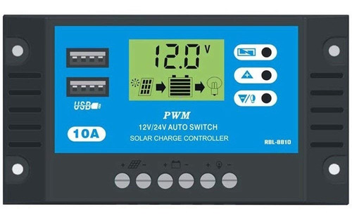 Controlador De Carga Solar 10a 12e24v Pwm C/ Lcd Usb