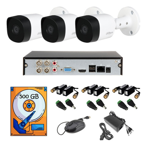 Kit Video Vigilancia 3 Cámaras Baluns 1080p 2mp Dahua 500gb