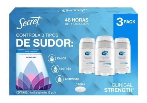 Secret Clinical Strength Crema Antitranspirante 3pz De 45gr Fragancia Light And Fresh