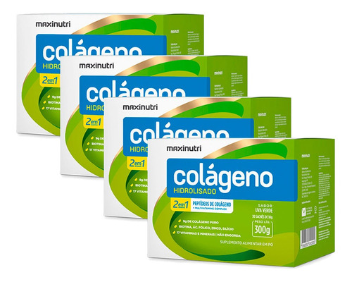 Kit 4 Colágeno Em Pó Hidrolisado 30 Saches Sabor Uva Verde