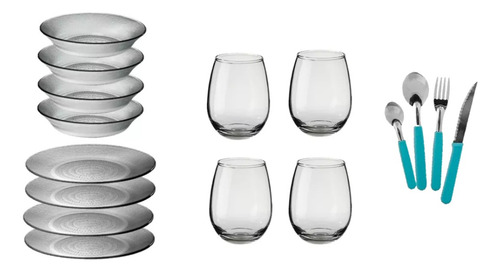 Set Vajilla Vaso Rigolleau Cubiertos Platos Aquamarine 4pers