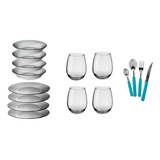 Set Vajilla Vaso Rigolleau Cubiertos Platos Aquamarine 4pers