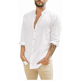 Camisa Hombre Camisa Algodón Lino Manga Larga Stand-up Colla