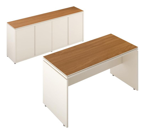 Conjunto De Escritório Office 2 Pç Mesa E Balcão Buffet Oslo Cor Off White E Cedro